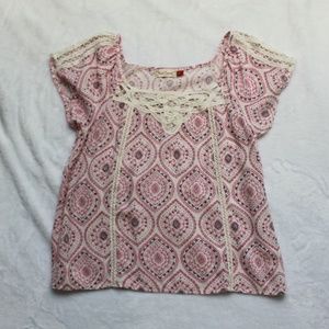 Red Camel Pink Print Lace Cap Sl Top Sz S